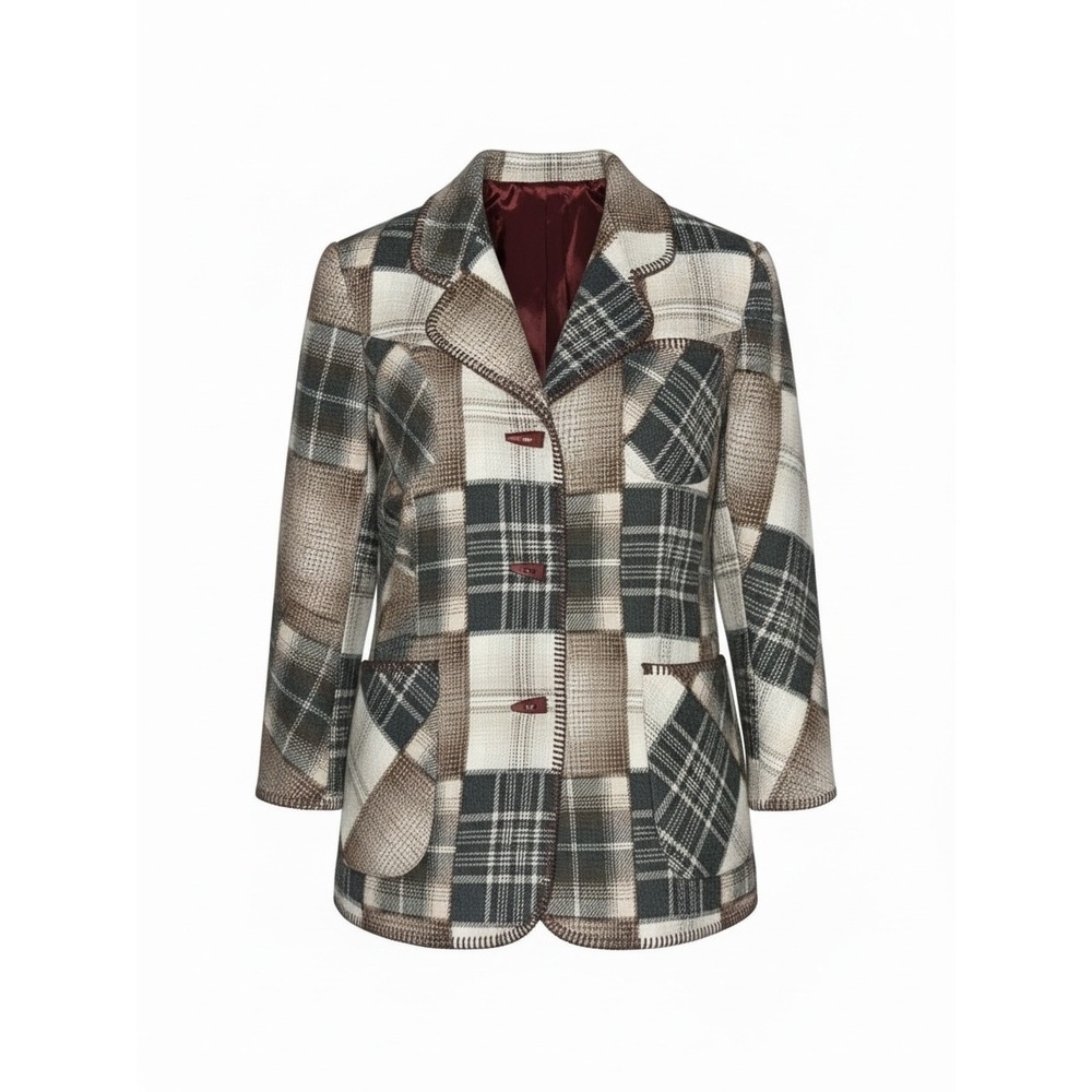 Colebrook Wool Blend Patchwork Plaid Toggle Blazer Jacket Brown Cream Womens M